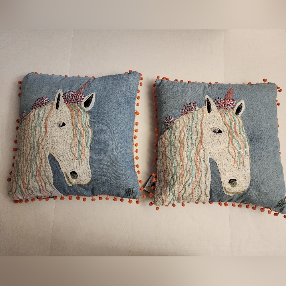NWT- (2) Karma Living Embroidered Unicorn Pillow, 18x18